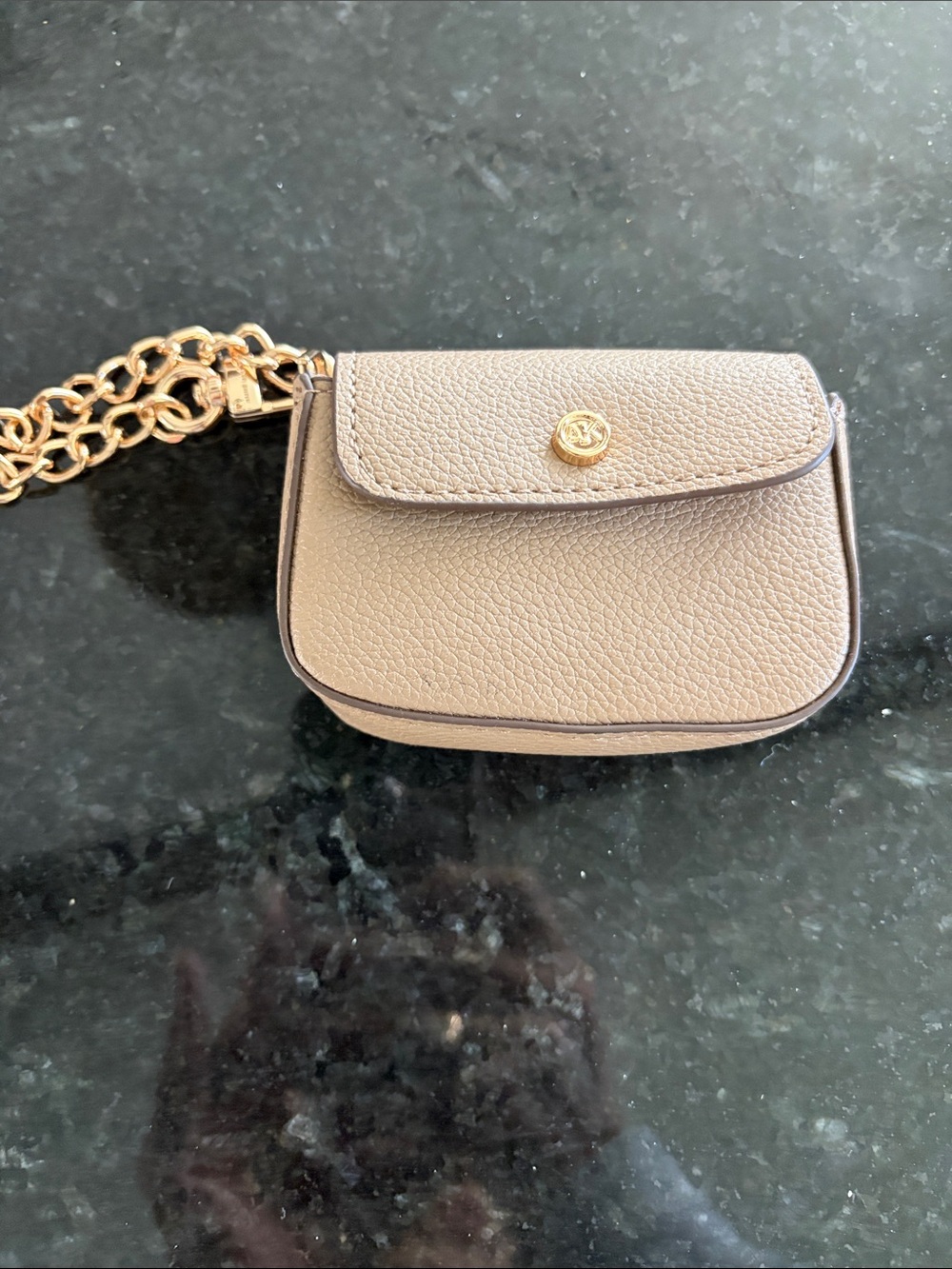 Anne Klein Pebbled Taupe Mini Chain Crossbody Wallet with Gold Hardware